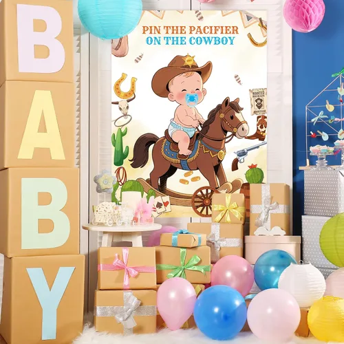 Vista 2 de GLURUITE Pin The Chupete On The Cowboy Baby Shower Juego incluye póster grande, 24 calcomanías para chupete, juego para vendar los ojos