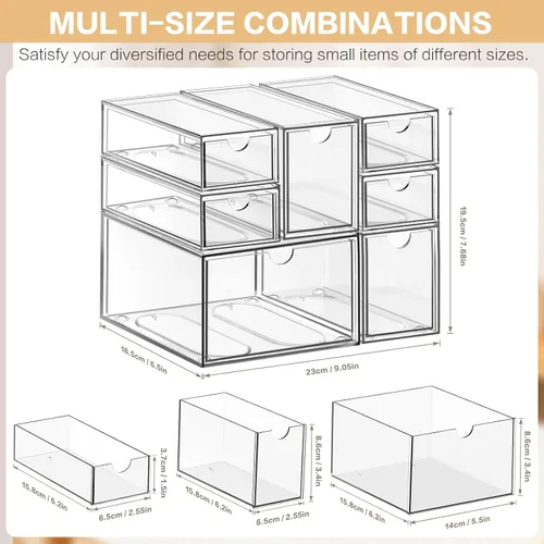 Vista 2 de Organizador de escritorio con 7 cajones, 7 paquetes de acrílico apilable, cajones de almacenamiento de escritorio, organizador de maquillaje, caja