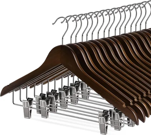 Vista 11 de HOUÍSM - Perchas de madera con clips, perchas resistentes para pantalones y faldas, perchas de madera maciza para pantalones, jeans, ropa