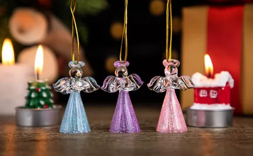 Vista 5 de 12 adornos de ángel dorado de cristal, ángeles de la guarda, adornos para árbol de Navidad de 2.1 pulgadas, colorido mini ángel colgante hilado