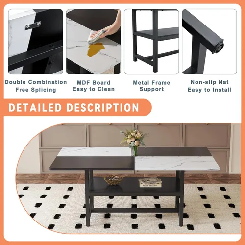 Vista 4 de Juego de mesa de comedor de 71 pulgadas para 6 personas con estante de almacenamiento, juego de mesa de comedor rectangular industrial moderna