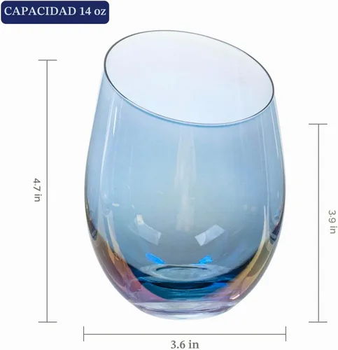 Vista 5 de MyGift Copas de vino modernas de 14 onzas sin tallo de vidrio azul iridiscente con borde en ángulo, cristalería transparente con tinte de brillo