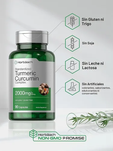 Vista 4 de Horbäach Suplemento de curcumina de cúrcuma 90 cápsulas Complejo con pimienta negra Sin OMG, sin gluten