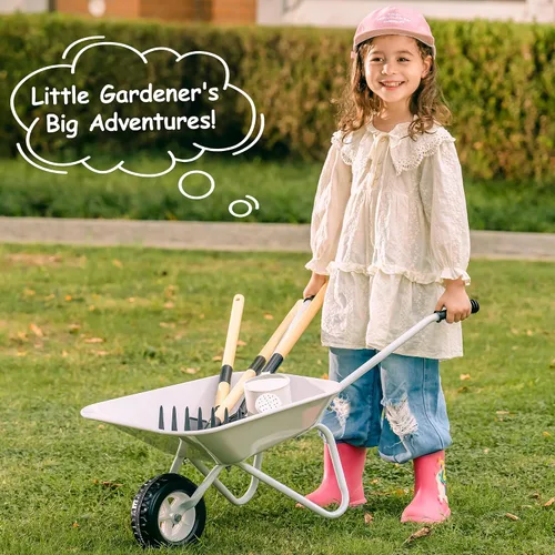 Vista 6 de ROBUD Herramientas de jardinería para niños, juego de juguetes al aire libre con carretilla para niños, 9 piezas de carretilla de metal para niños