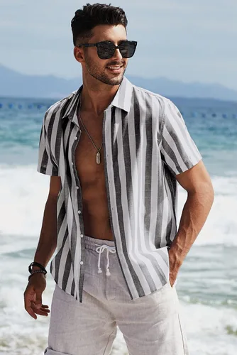 Vista 4 de JMIERR Camisas de vestir a rayas con botones y manga corta para hombre