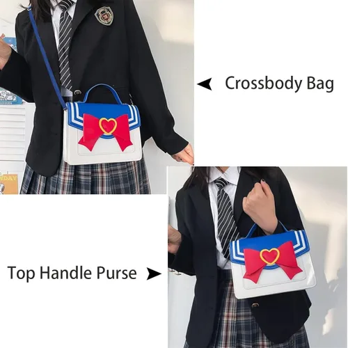 Vista 6 de Sailor Moon - Bolso de anime inspirado en la luna para cosplay, bolso cruzado de hombro pequeño para mujeres y niñas (azul), Azul Patchwork, S
