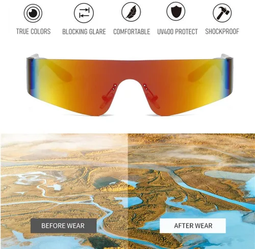 Vista 3 de BAWUYI Y2K - Lentes de sol envolventes futuristas para hombres y mujeres lentes cibernéticos deportivos monobloque con montura gris y lentes rojas