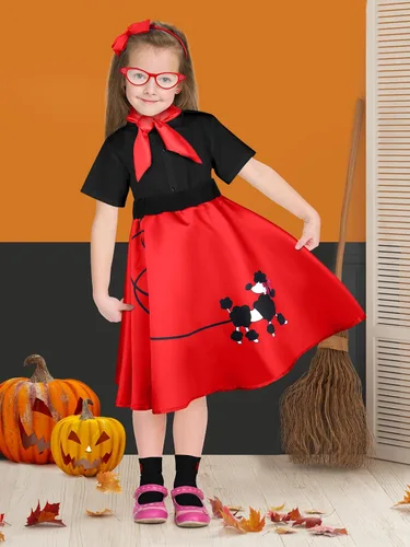 Vista 7 de AOTHSO Conjunto de accesorios de disfraz de falda de caniche de los años 50 con camisa, bufanda, diadema, aretes, gafas, calcetines, disfraz