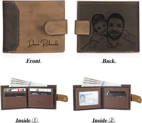 Vista 3 de Billeteras personalizadas para hombres, para papá, regalos para padres, foto delgada, tarjetero, piel sintética, grabada, imagen de cumpleaños