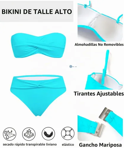 Vista 6 de Tempt Me Conjunto de bikini bandeau para mujer, traje de baño de dos piezas sin tirantes de corte alto de cintura alta Agua