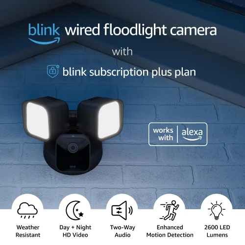 Vista 4 de Cámara Blink Wired Floodlight – Cámara de seguridad inteligente, 2600 lúmenes, vista en vivo HD, sirena incorporada, compatible con Alexa, 1 cámara