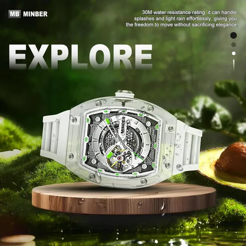 Vista 3 de MINBER Skeleton Automatic Watch, 43mm Dial with Luminous Hands, Self Winding Watch, 3 ATM Waterproof, TR90 Plastic, Business Casual Sporty Design