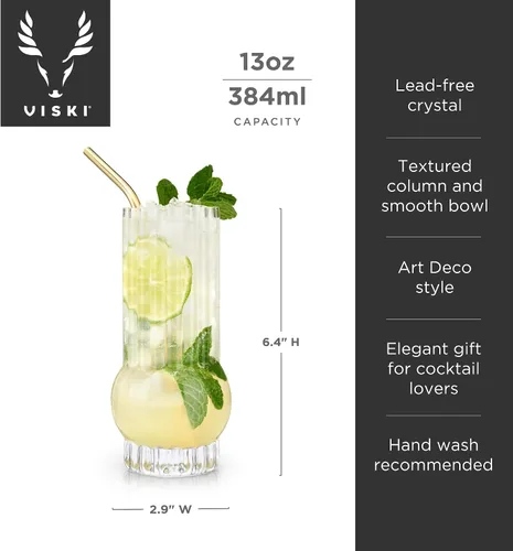 Vista 3 de Viski Deco Crystal Island - Juego de 2 vasos altos de cristal de primera calidad, copas de mojito y ginebra y tónico, juego de regalo de cristalería