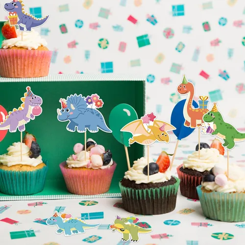 Vista 4 de 40 piezas de decoración de dinosaurios para cupcakes de cumpleaños de dinosaurios, decoraciones de pastel de dinosaurio para temática