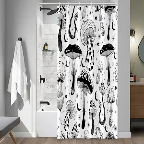 Vista 42 de Cortina de Ducha Floral Bohemia Negra Flores de Mediados de Siglo Botánica Moderna Elegante Estética Cortina de Ducha para Decoración de Baño