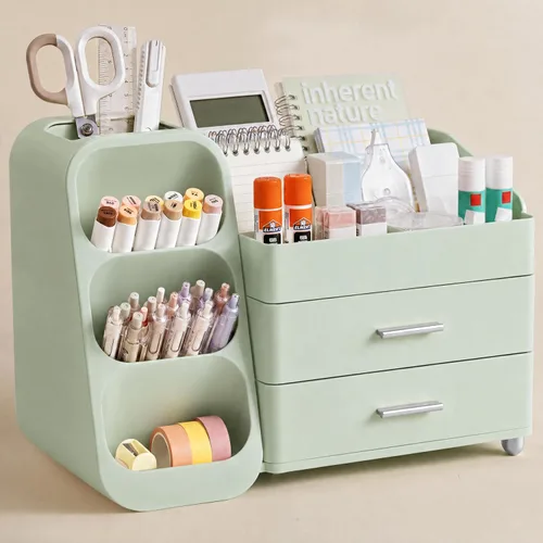 Vista 10 de HBlife Organizador de escritorio con soporte para lápices para escritorio, organizador de bolígrafos con 2 cajones, organizadores de escritorio