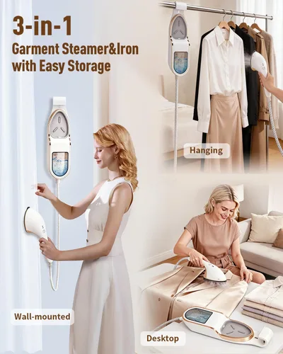 Vista 3 de Vaporizador 3 en 1 para ropa, 1500 W a prueba de fugas, 11.2 fl oz 1500W, 30s Fast Heat-Up. Includes Heat-Resistant Glove & Brush. For Home &