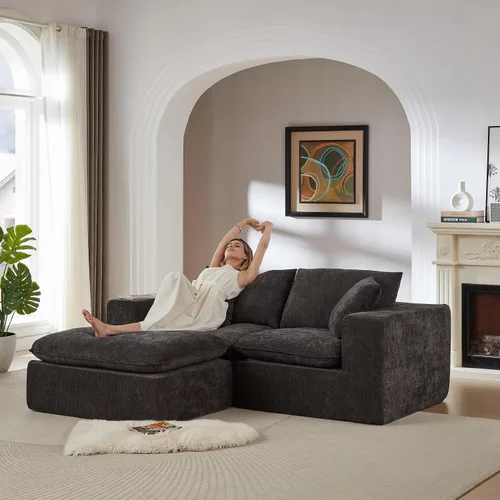 Vista 3 de Cloud - Sofá modular modular - Cómodo sofá de felpilla en forma de L para sala de estar (negro, en forma de L, 2 plazas + 1 otomana)