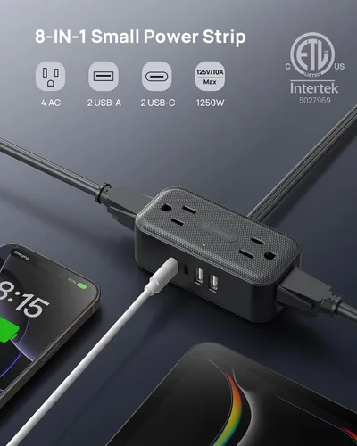 Vista 4 de TROND - Regleta de alimentación con enchufe plano giratorio de 360°, cable de extensión de 3 pies con 4 puertos USB, 4 tomas de CA ampliamente