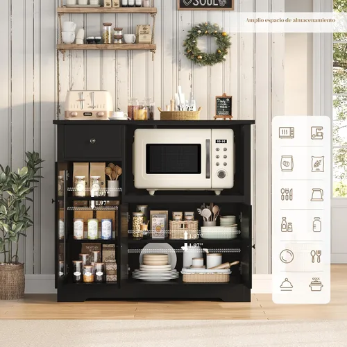 Vista 7 de HORSTORS Gabinete de microondas, gabinete de almacenamiento de cocina Negro
