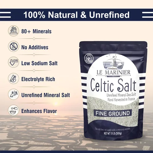 Vista 4 de Le Marinier Sal marina celta orgánica molida fina, 1.1lb - 18oz. Rica en minerales. 100% natural y sin refinar. Sal marina francesa orgánica