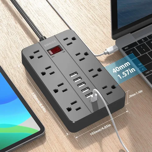 Vista 4 de Extensión de 3.05 m con protector contra sobretensiones, SMNICE Regleta de alimentación con enchufe plano de 8 tomas ampliamente espaciadas y 6