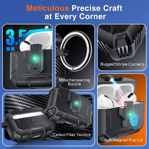 Vista 4 de Amoured AutoPOP - Funda para AirPods Pro de 1ª generación con cerradura y llavero, protección resistente de 360° y mecanismo de apertura de 1 clic