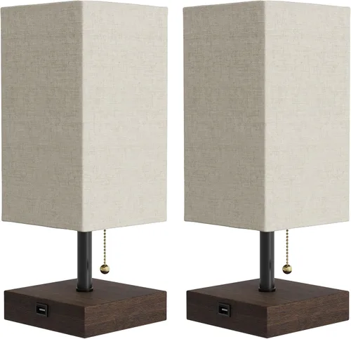 Vista 10 de Lavish Home Juego de lámpara de mesa pequeña con base de madera, juego de 2 luces rectangulares modernas con bombilla LED que incluye decoración