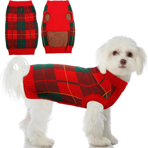 Vista 12 de QBLEEV Suéter navideño clásico a cuadros para perro, suéter elástico cálido con agujero para correa, suéteres de Navidad de cuello alto
