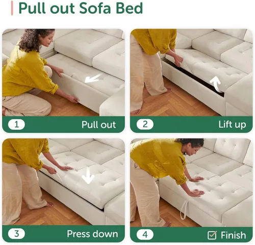Vista 4 de HONBAY Sofá Seccional Cama Extraíble, Sofá Seccional en Forma de U con Chaise de Almacenamiento, Sofá Cama para Sala de Estar, Beige