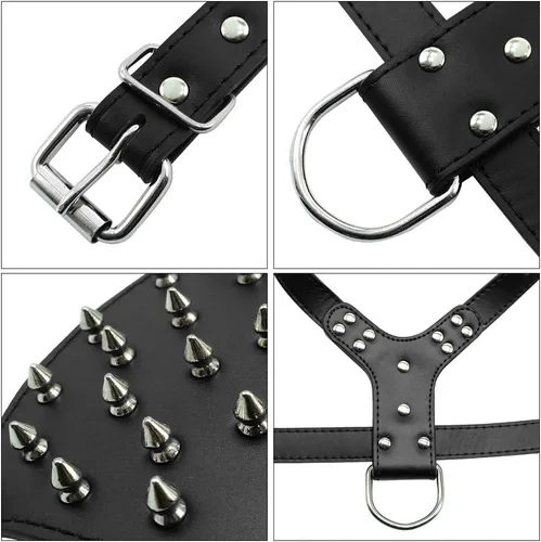 Vista 3 de Arnés para perro con tachuelas de cuero de raza, collar y correas, juego de 3 piezas para perros medianos y grandes, mastín, boxer, bull terrier