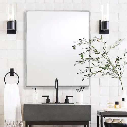 Vista 61 de 24x24 Inch Black Bathroom Mirror for Wall, Aluminum Frame Rectangle Rectangular Vanity Mirror, Modern Large for Bedroom, Living Room, Horizontal or
