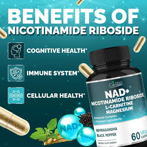 Vista 4 de Organic Cadane Suplemento de ribósido de nicotinamida con L-carnitina, glicinato de magnesio, Ashwagandha, pimienta negra Apoyo para la salud