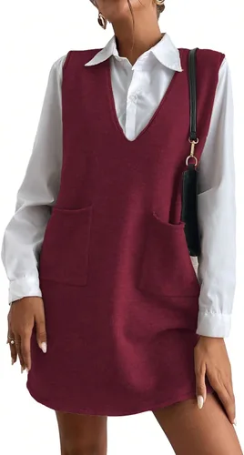 Vista 9 de OYOANGLE Vestido corto de punto con cuello en V sin mangas para mujer, liso, con bolsillos Verde militar