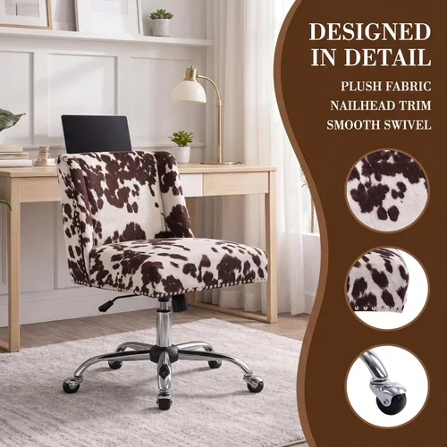 Vista 3 de Silla de escritorio con estampado de vaca, silla giratoria de escritorio con ruedas, silla tapizada para oficina en casa sin brazos para dormitorio