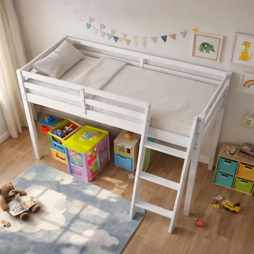 Vista 6 de Alaterre Furniture Roxy - Cama tipo loft individual – Cama baja tipo loft con escalera, barandillas de seguridad y espacio debajo de la cama