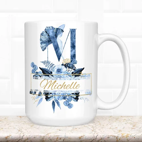 Vista 3 de Personalized Blue Floral Monogram Name Coffee Mug Beautiful Flowers Initial Custom Microwave Dishwasher Safe Cup