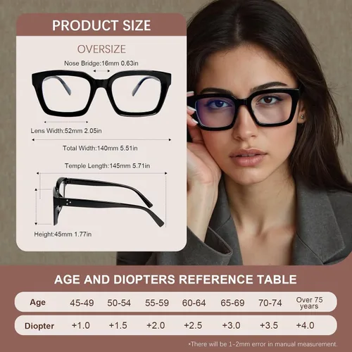 Vista 2 de 3 Pack Reading Glasses Women Square Blue Light Blocking Oversized Fashion Large Eyeglasses