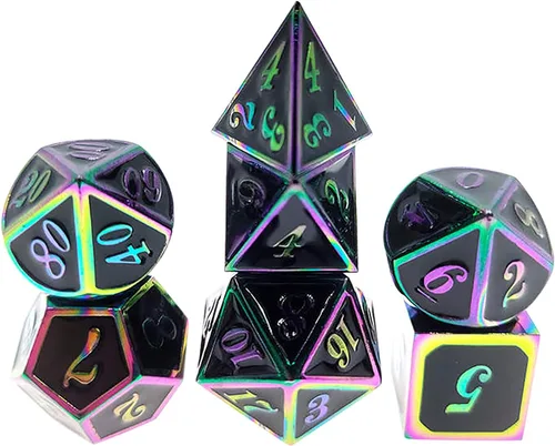Vista 4 de Juego de dados de metal con escamas de dragón en color negro con caja de exhibición, perfecto para juegos, equilibrio adecuado y distribución