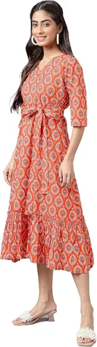 Vista 5 de Janasya Vestido con volantes estampado de motivos étnicos de algodón naranja para mujer india