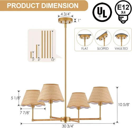 Vista 6 de Lámpara colgante de ratán bohemio de 31 pulgadas, 4 luces, rústica, ajustable, para cocina, isla, comedor, sala de estar, certificación UL Latón 4