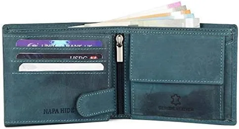 Vista 4 de Cartera de cuero genuino con protección RFID para hombres, Azul, Moderno