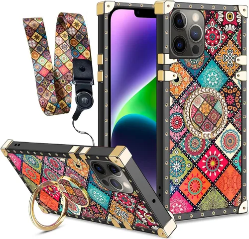 Vista 15 de nancheng Funda para iPhone 15, diseño de flor de mariposa azul, TPU suave, a prueba de golpes, con soporte de anillo y cordón a juego, elegante