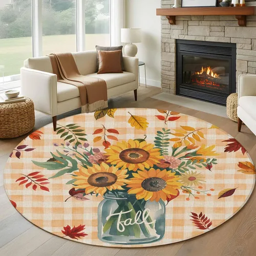 Vista 12 de Small Area Rugs 2x3 Ft, Sunflower Non-Slip Area Rugs for Living Room Bedroom Entryway, Orange Plaid Farmhouse Leaves Watercolor Retro Washable