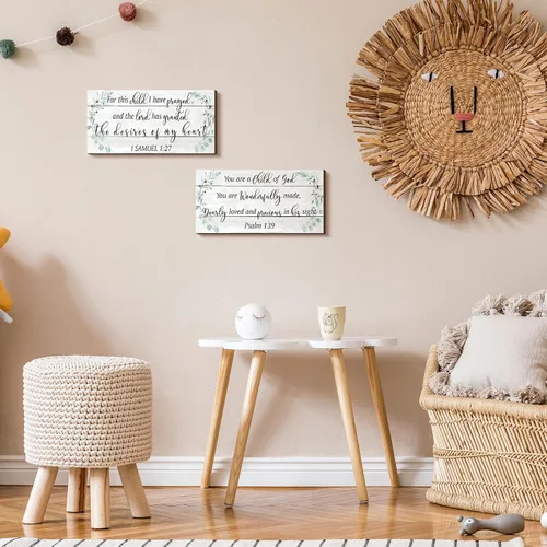 Vista 2 de Yookeer 2 piezas de arte de pared de madera para habitación de bebé, decoración de pared con texto en inglés "This Child I Have Prayed", letrero