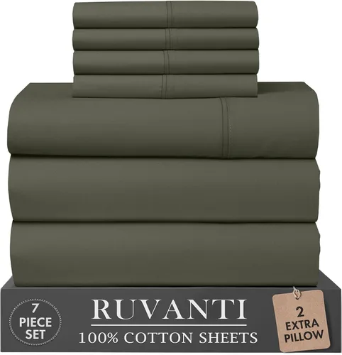 Vista 90 de RUVANTI Juego de sábanas de 4 piezas de algodón 100% natural de percal suave, ligero y transpirable, con bolsillos profundos de 16 pulgadas