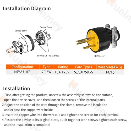 Vista 2 de 1 unids cable de extensión extremo eléctrico enchufe de repuesto NEMA 5-15P 15A 125V 2Pole 3Wire Shell negro grado industrial 3 clavijas macho hoja