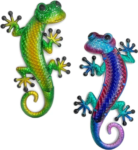 Vista 15 de HONGLAND Arte de pared de Gecko de metal, 2 unidades de lagarto de 15 pulgadas, decoración para exteriores, escultura de vidrio colgante, decoración