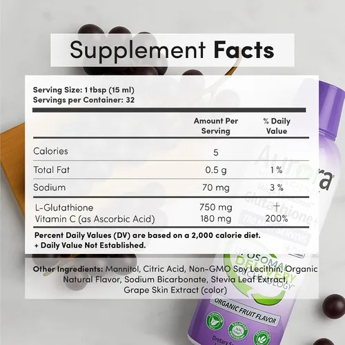 Vista 2 de Vida Lifescience Aurora Nutrascience, glutatión líquido megaliposomal + vitamina C, antioxidante, apoyo al sistema inmunológico, 750 mg por porción