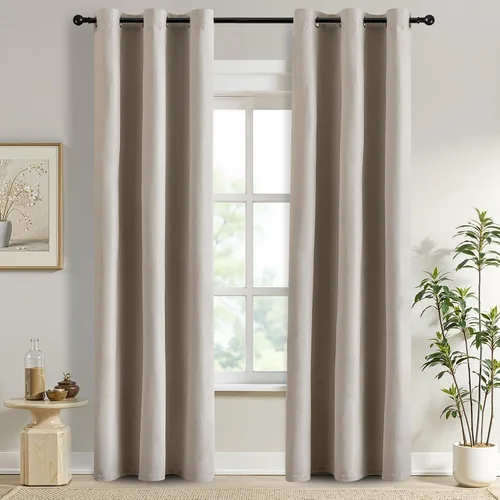 Vista 25 de DONREN Cortinas opacas completas para dormitorio, aislamiento térmico y reducción de ruido, cortinas de lino con ojales para sala de estar y Negro